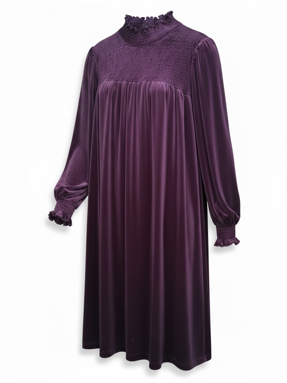 Maison Tara Plum Velvet Long-Sleeve Smocked Neck Dress Size 14W